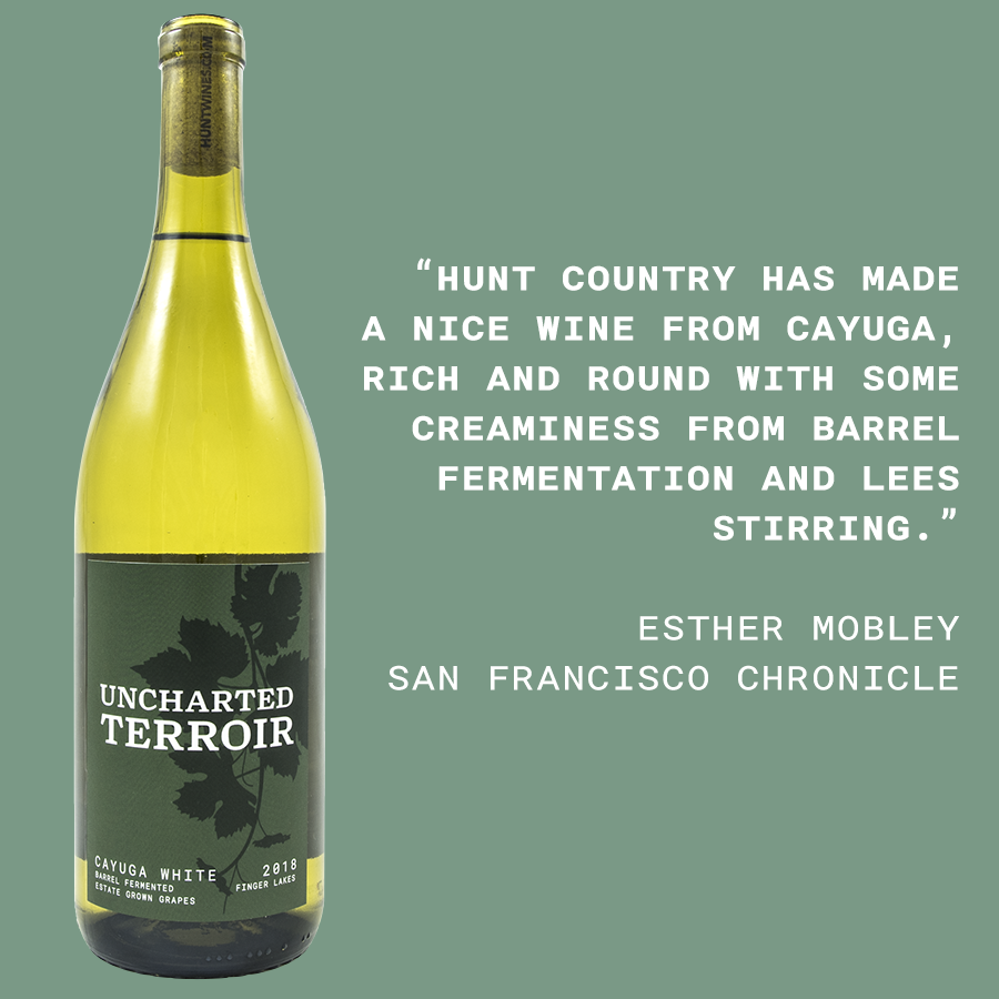 2018 Uncharted Terroir Cayuga White with quote from review.