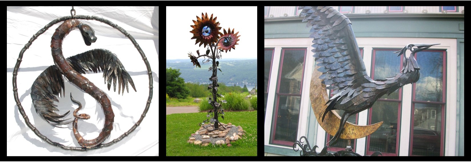 Tony Moretti: Three sculptural examples (1.Dragon, 2.Sunflowers, 3.Heron)