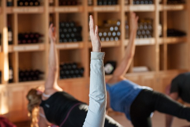 Yoga class in the Tasting Room