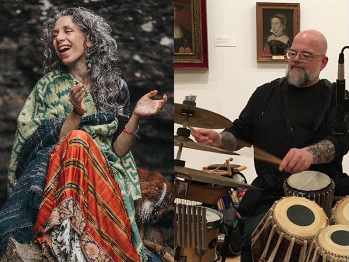 Side by side portraits: 1) Bethany Yarrow singing and clapping. 2) John Wieczorek playing drums